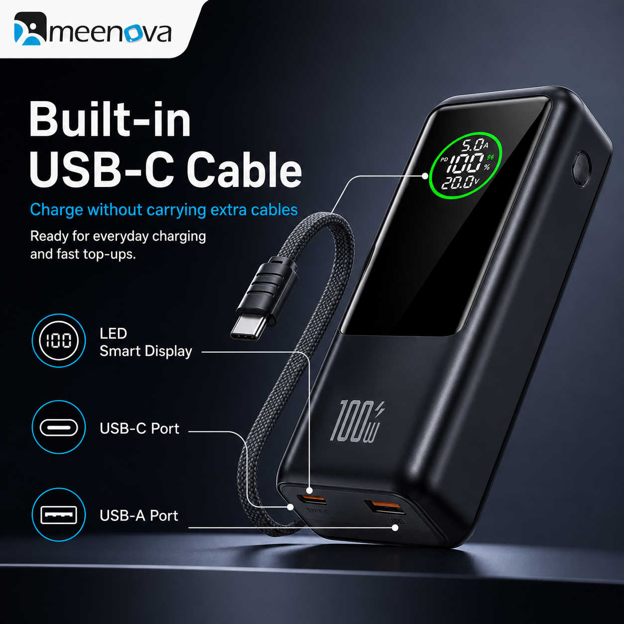 Meenova A57 100W USB-C Power Bank with Built-in Cable & LED Display 2,0000mAh – Multi-Port Fast Charger for Laptop, Tablet & Phone