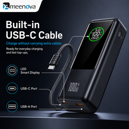 Meenova 20,000mAh 100W Travel Power Bank – Flight, Train & Subway Friendly, Compatible with iPhone 18 Pro Max, iPhone Duo, Apple & Samsung, Built-In Cable, Battery Display, PD/QC/PPS/SCP/FCP, USB-C & USB-A Charging for MacBook and iPad