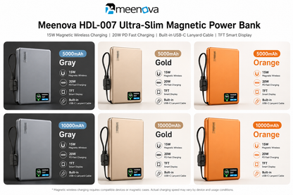 Meenova HDL-007 Ultra-Slim Magnetic Power Bank with Built-in USB-C Lanyard Cable, 15W Wireless Charging, 20W PD & TFT Display, Compatible with iPhone 18 Pro Max & iPhone Duo
