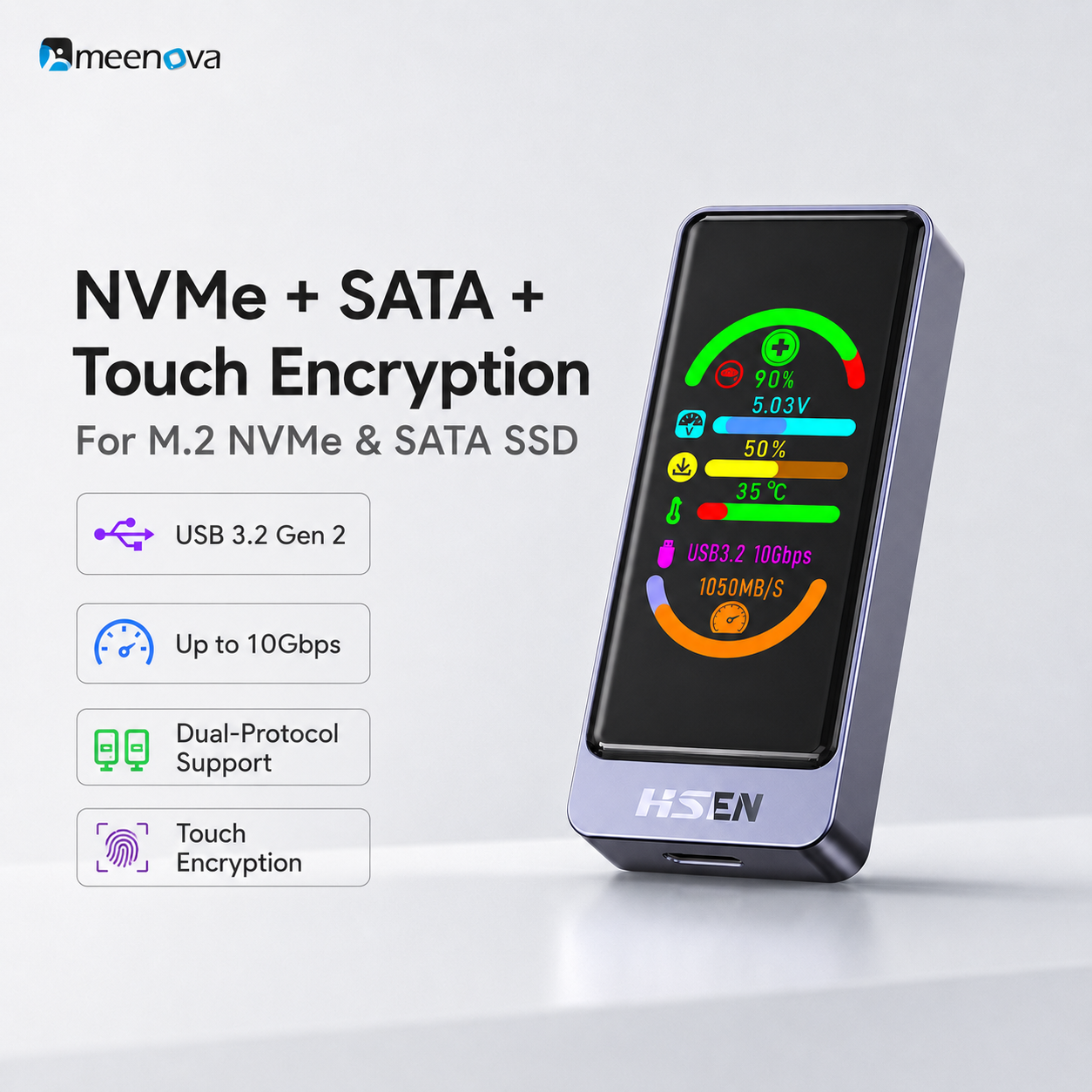 Meenova Smart Color Display M.2 SSD Enclosure, USB 3.2 Gen 2 10Gbps, NVMe/SATA, Real-Time Drive Health & Speed Monitor, Touch Encryption Options