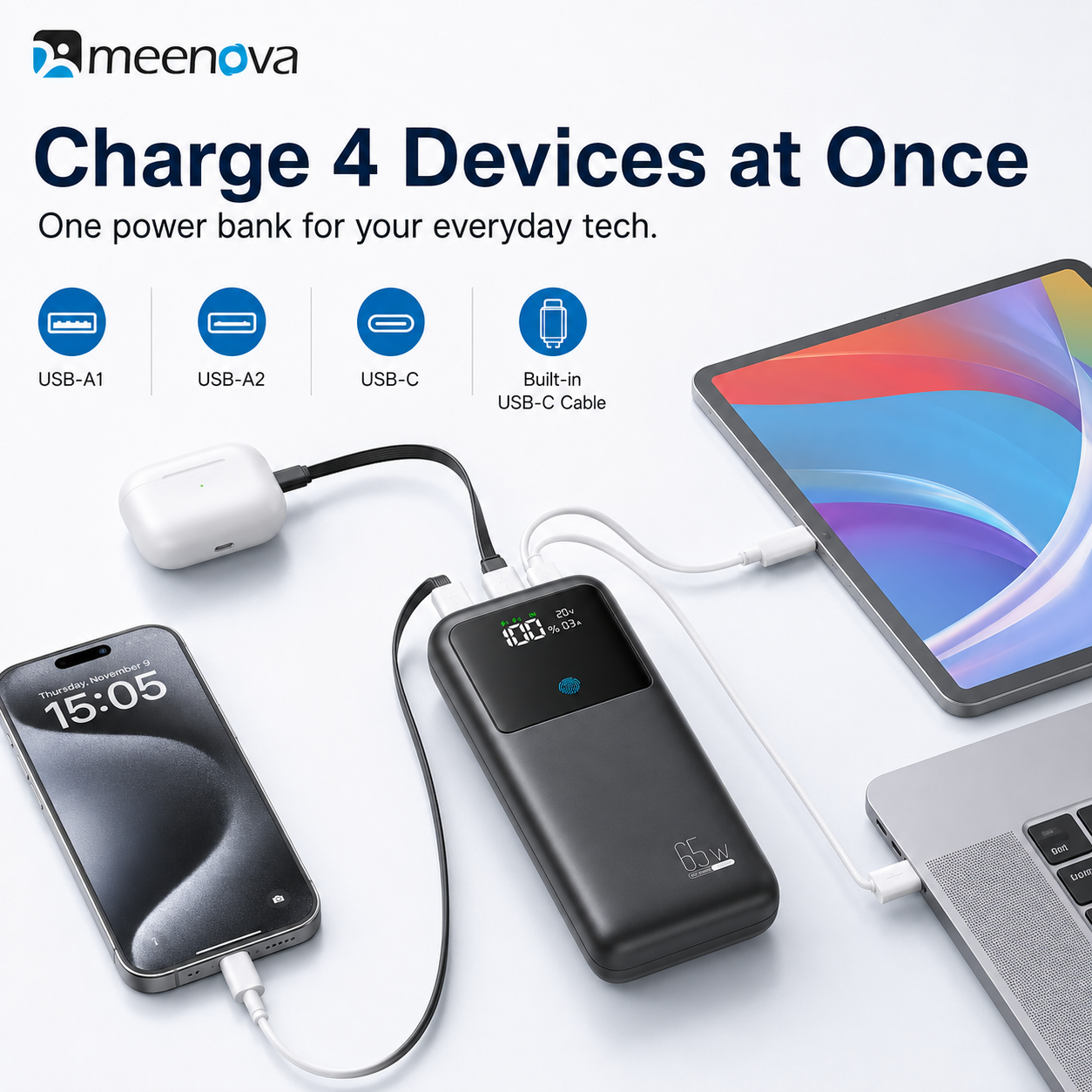 Meenova 65W 24000mAh Laptop Power Bank with Built-in USB-C Cable, PD Fast Charging, 2 USB-A Ports & Smart Digital Display