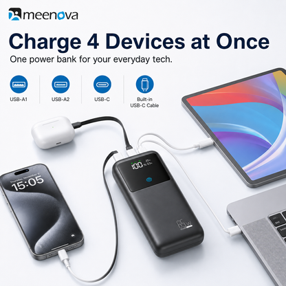 Meenova 65W 20000mAh Laptop Power Bank with Built-in USB-C Cable, PD Fast Charging, 2 USB-A Ports & Smart Digital Display, Portable Charger for iPhone 18 Pro Max, iPhone Duo, Laptop & Tablet