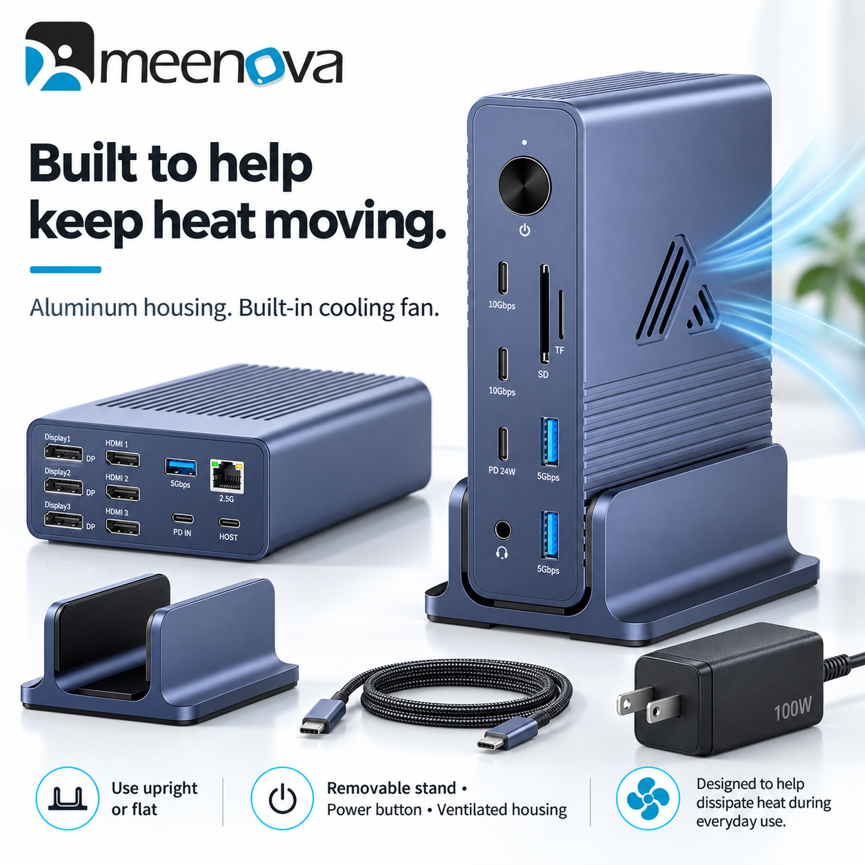 Meenova 18-in-1 DisplayLink USB-C Docking Station, 2.5GbE & 10Gbps USB, with 100W US-Plug Adapter