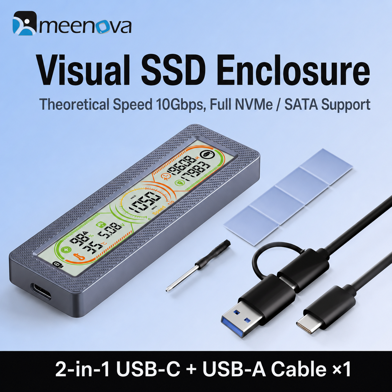 Meenova Smart Display M.2 SSD Enclosure – 10Gbps USB 3.2 Gen 2, Real-Time Health, Speed, Temperature & Voltage Monitor, NVMe / NVMe SATA