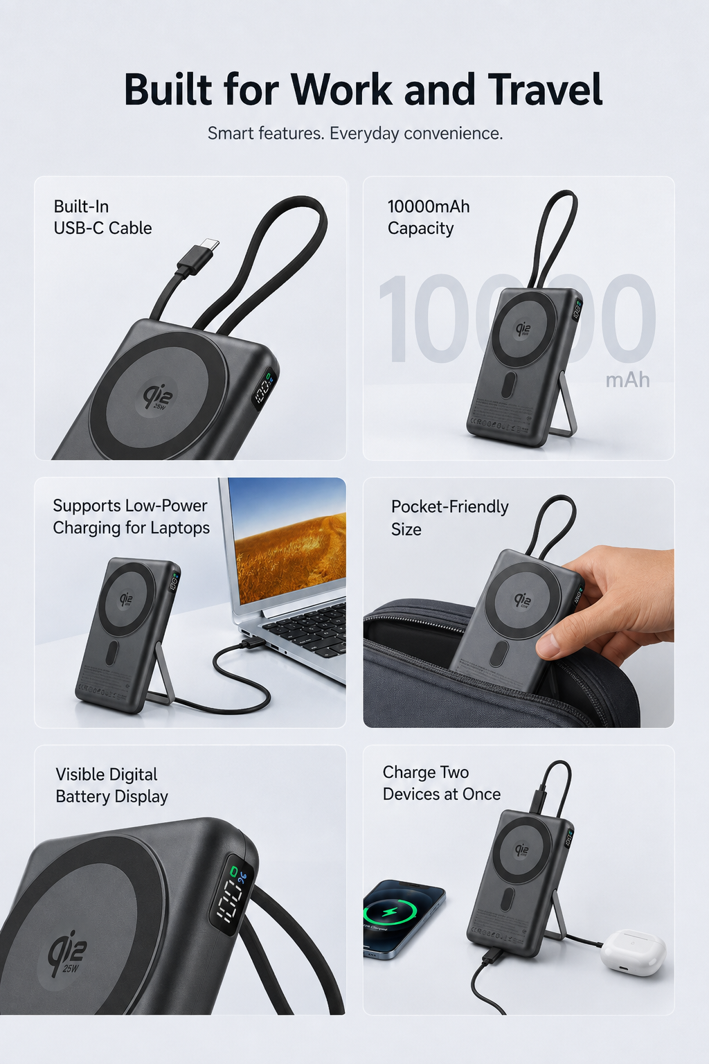 Meenova SolidPower Z 10000mAh MagSafe Power Bank – 30W USB-C, 25W Magnetic Wireless, Built-In Cable & Stand