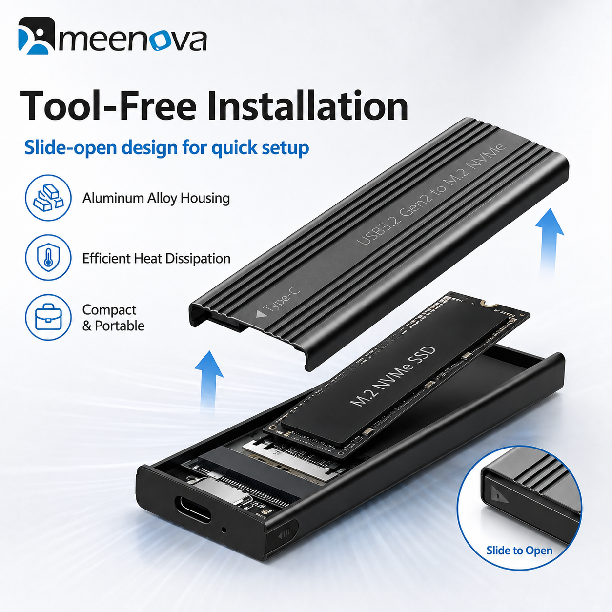 Meenova 10Gbps M.2 NVMe SSD Enclosure with C-C-A Cable – USB 3.2 Gen 2 Type-C Tool-Free Aluminum Case