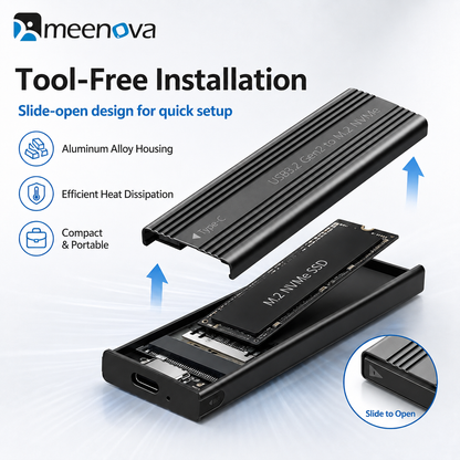 Meenova 10Gbps M.2 NVMe SSD Enclosure with C-C-A Cable – USB 3.2 Gen 2 Type-C Tool-Free Aluminum Case
