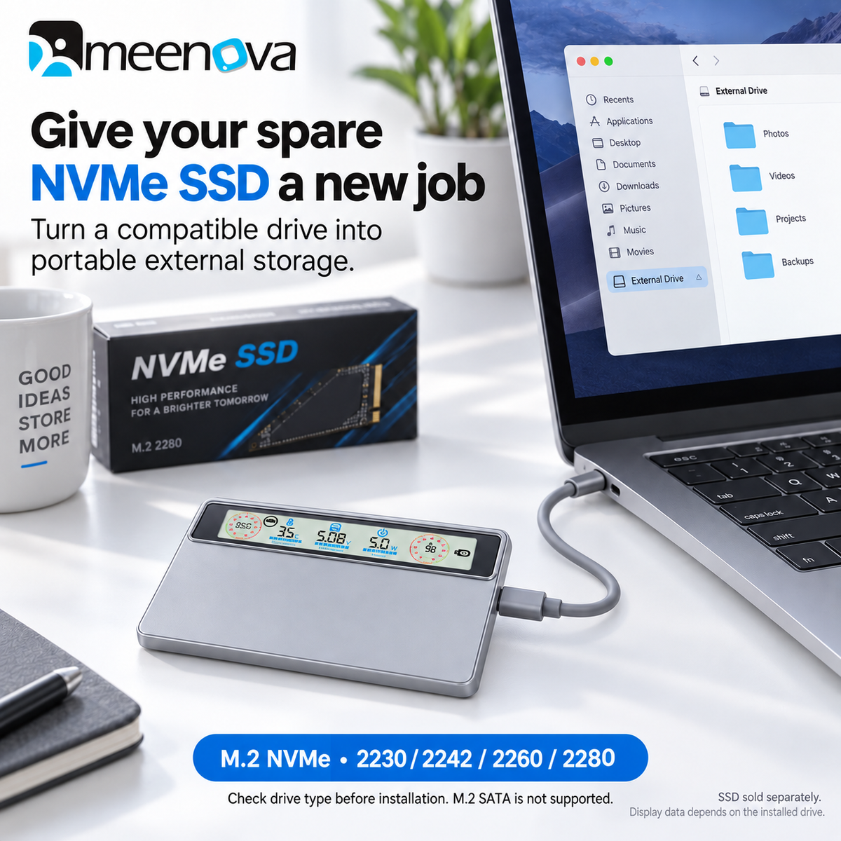 Meenova Smart Display M.2 NVMe SSD Enclosure, USB 3.2 Gen 2 10Gbps, Real-Time Speed, Health & Temperature Monitor, CNC Aluminum, 2230/2242/2260/2280