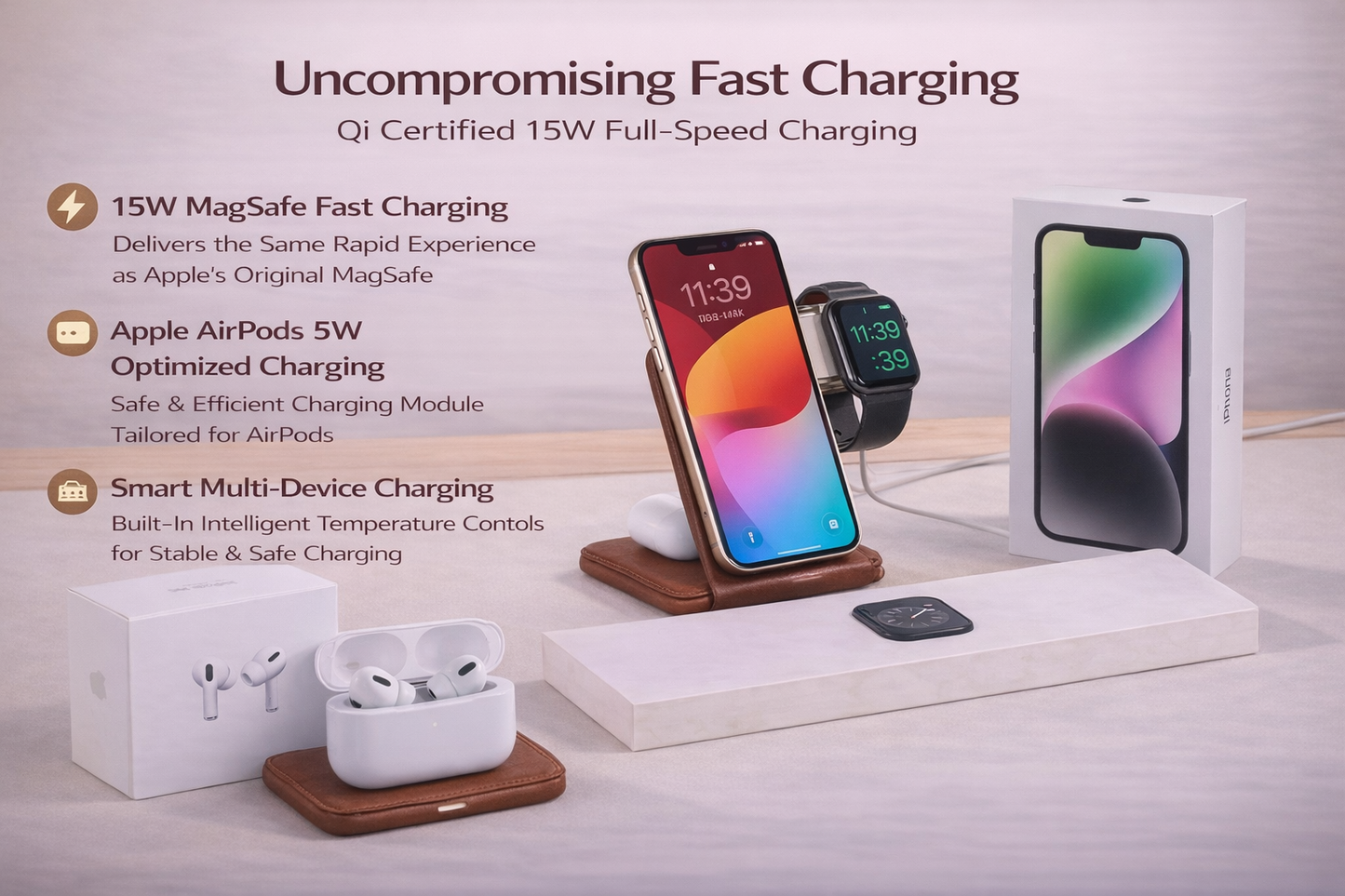 Meenova Trio Foldable Leather 3-in-1 MagSafe Charger, Portable Wireless Fast Charging for Apple iPhone & Apple Watch, AirPods