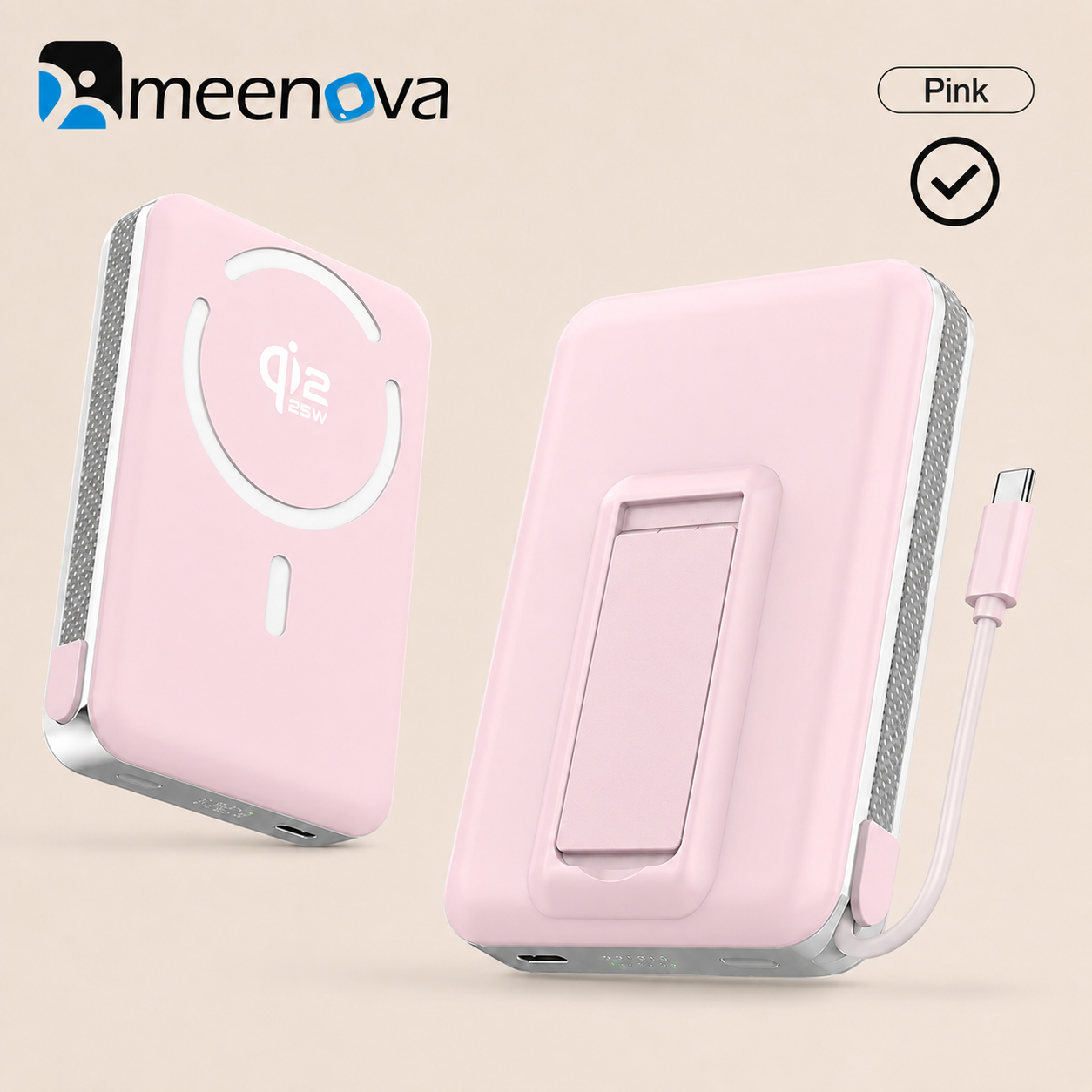 Meenova Qi2.2 25W Magnetic Power Bank 10000mAh with 35W PD Fast Charging, Detachable USB-C Cable & Kickstand