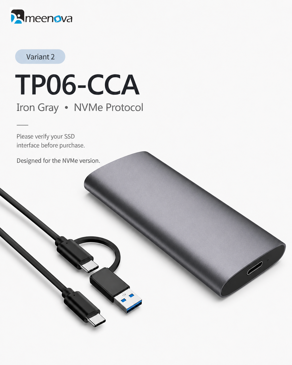 Meenova Tool-Free USB-C M.2 SSD Enclosure – Aluminum External Case for NGFF SATA or NVMe SSD