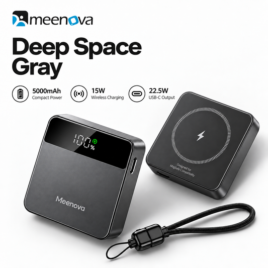 Meenova X2 Mini 3-in-1 Magnetic Power Bank, 5000mAh, Up to 15W Wireless & 22.5W USB-C, MagSafe-Compatible Portable Charger for iPhone, Apple Watch & AirPods with Digital Display, Aluminum Body & USB-C Lanyard Cable