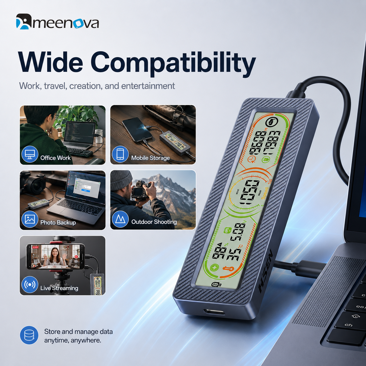 Meenova Smart Display M.2 SSD Enclosure – 10Gbps USB 3.2 Gen 2, Real-Time Health, Speed, Temperature & Voltage Monitor, NVMe / NVMe SATA