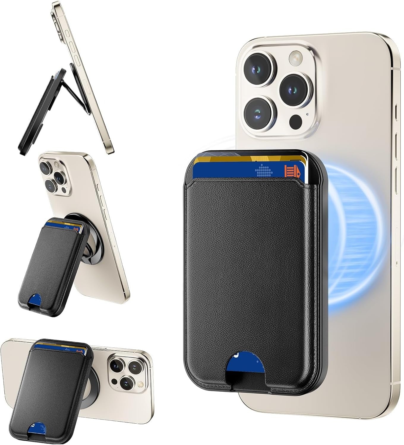 Stronger Magnetic Phone Wallet Card Holder with Adjustable Stand, MagSafe Compatible Minimalist Leather Wallet for iPhone 17/16/15/14/13/12 Pro/Pro Max, Black