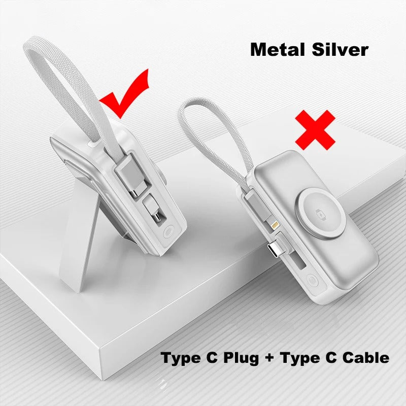 Meenova 5000mAh Mini Power Bank PD20W Fast Charger, 3-in-1 Magnetic Wireless Charger with Type-C Plug & Built-in C/Lightning Cable, Portable Charging Station with LED Light & Phone Holder