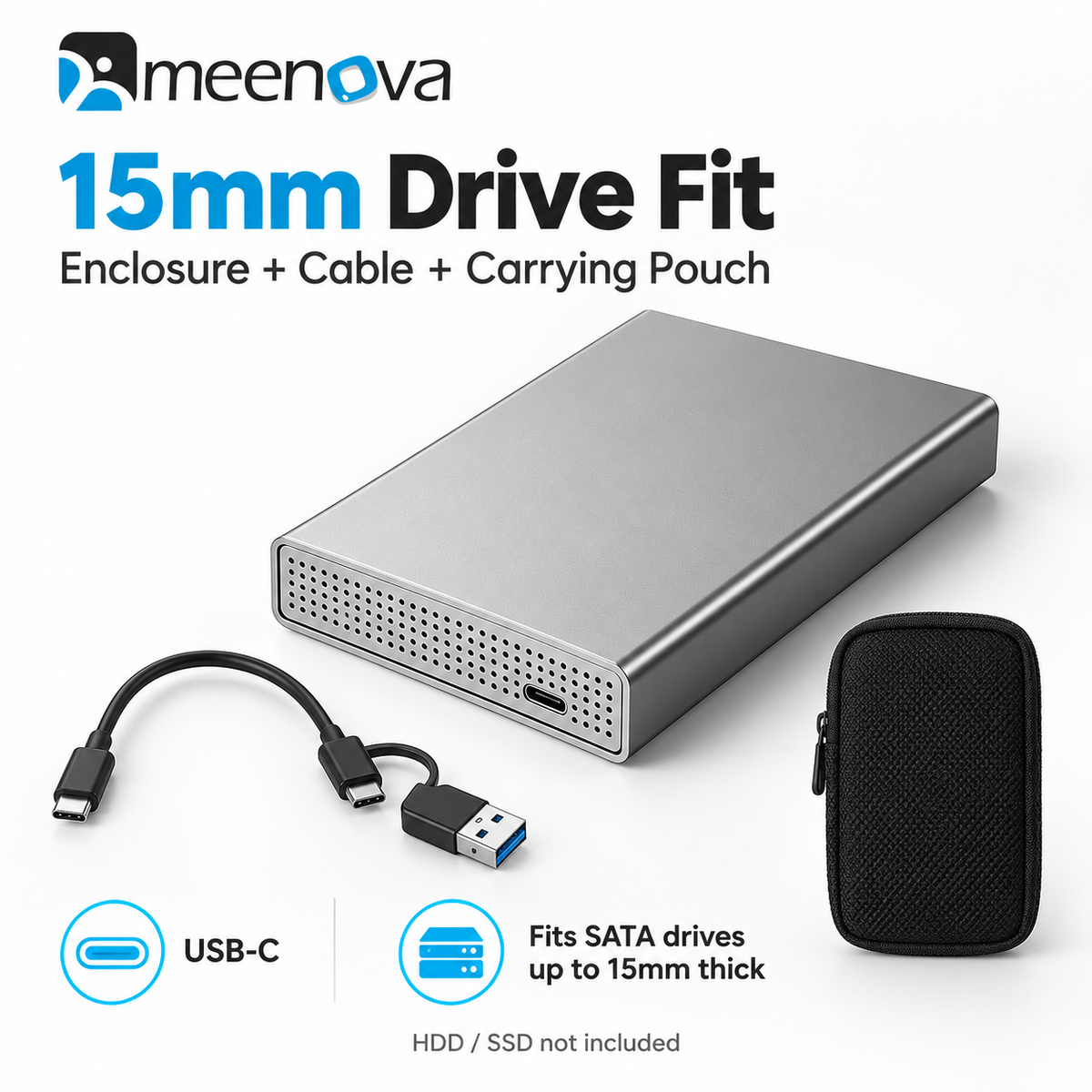 Meenova 2.5-Inch SATA HDD/SSD Enclosure, USB-C 5Gbps Aluminum Case with 2-in-1 Cable