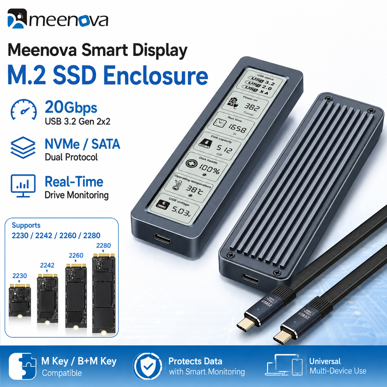 Meenova 20Gbps Smart Display M.2 NVMe/SATA SSD Enclosure – USB 3.2 Gen 2x2 Type-C, 2230/2242/2260/2280, Real-Time Drive Monitoring