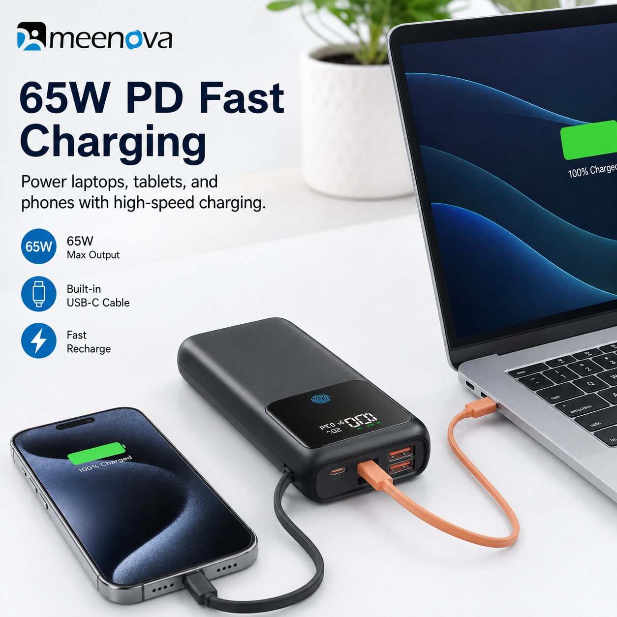 Meenova 65W 24000mAh Laptop Power Bank with Built-in USB-C Cable, PD Fast Charging, 2 USB-A Ports & Smart Digital Display