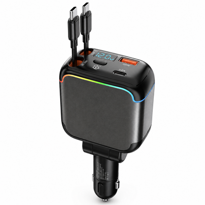 Meenova N28 137W 4-in-1 Retractable Car Charger with 65W USB-C Cable, Lightning-Compatible Cable, Voltage Display & Ambient Light