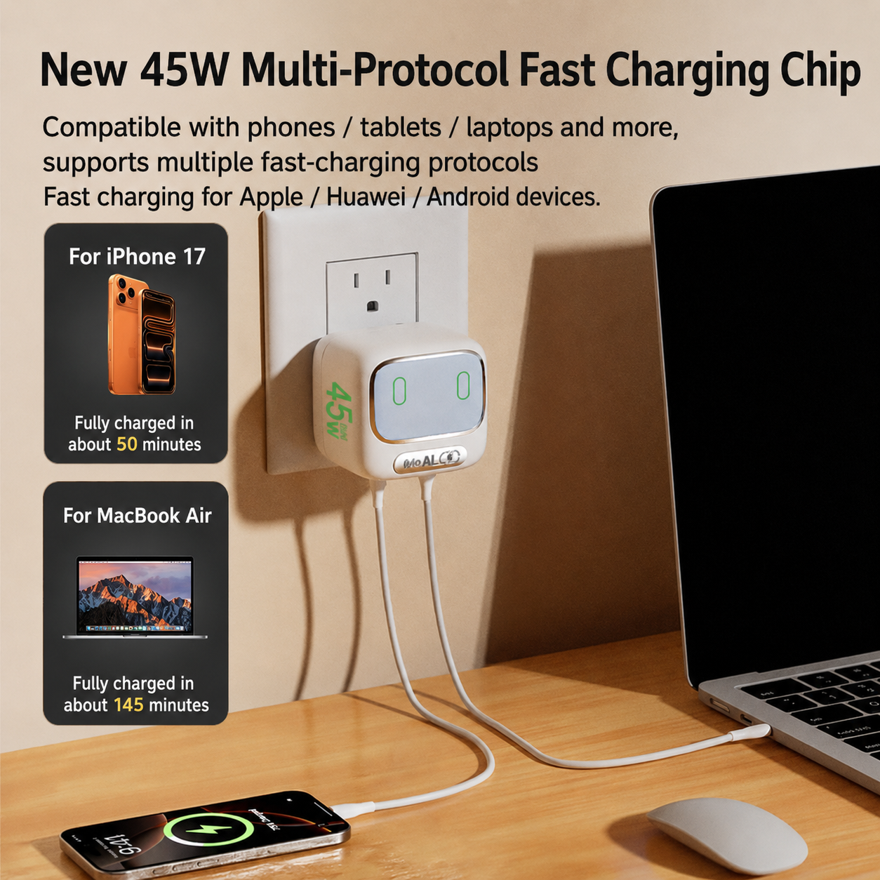 Meenova AI Voice Control Night Light Charger - 45W GaN Fast Charger with Smart Touch Control, USB-C PD Charging & Compact Travel Design