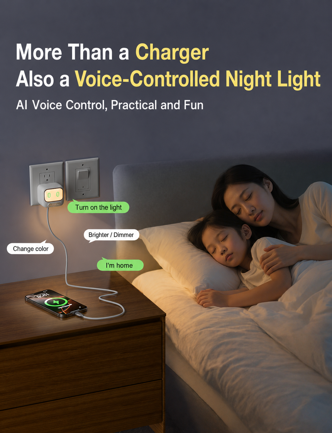 Meenova AI Voice Control Night Light Charger - 45W GaN Fast Charger with Smart Touch Control, USB-C PD Charging & Compact Travel Design