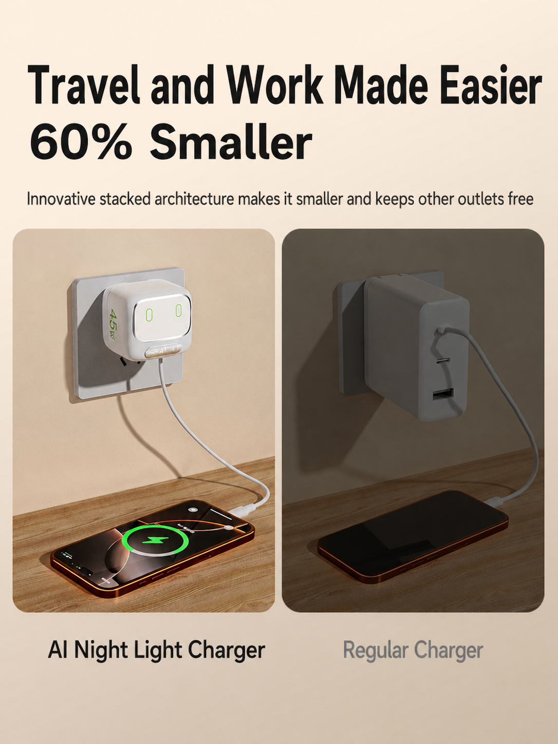 Meenova AI Voice Control Night Light Charger - 45W GaN Fast Charger with Smart Touch Control, USB-C PD Charging & Compact Travel Design