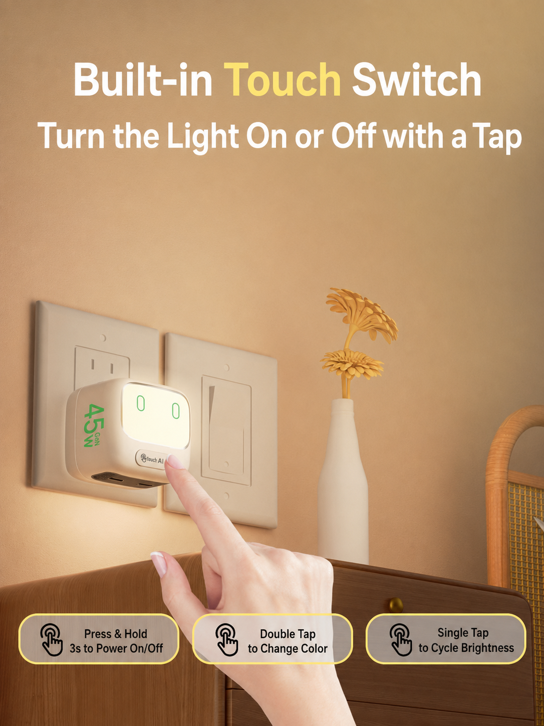 Meenova AI Voice Control Night Light Charger - 45W GaN Fast Charger with Smart Touch Control, USB-C PD Charging & Compact Travel Design