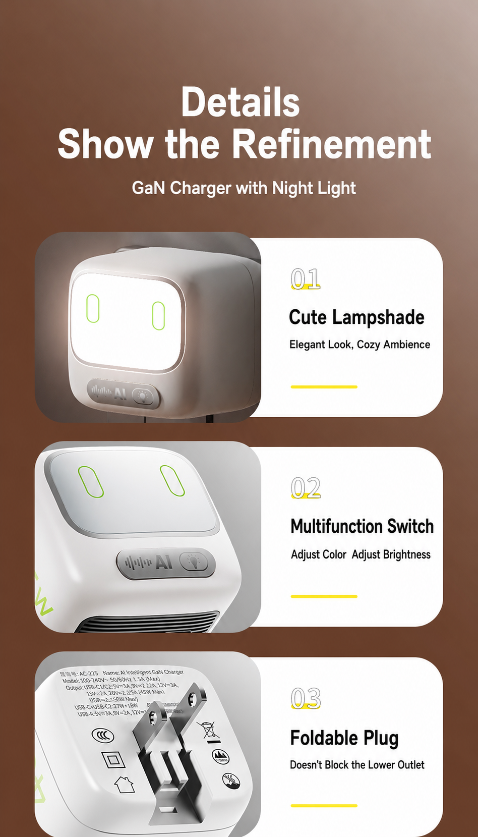 Meenova AI Voice Control Night Light Charger - 45W GaN Fast Charger with Smart Touch Control, USB-C PD Charging & Compact Travel Design
