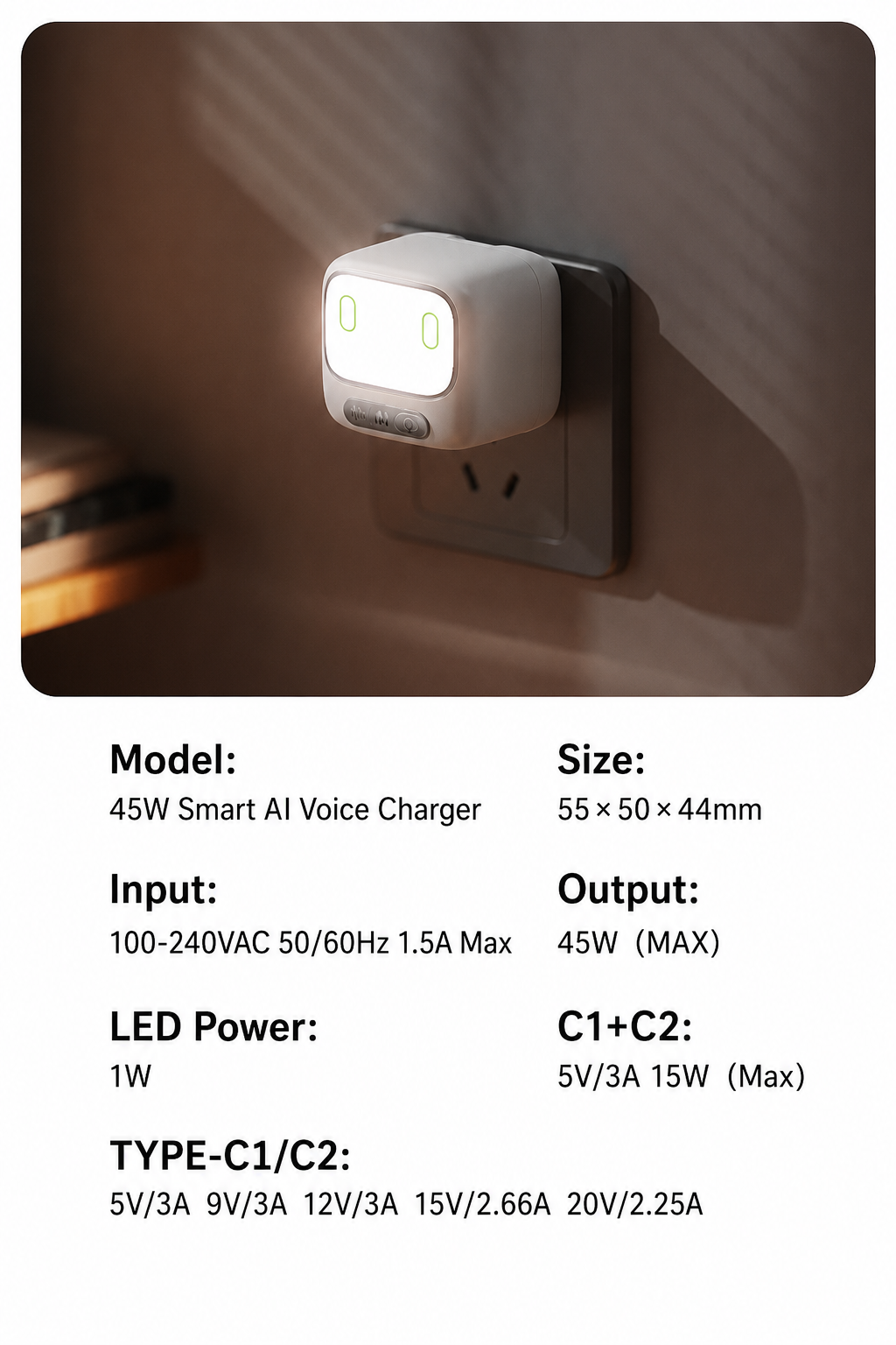 Meenova AI Voice Control Night Light Charger - 45W GaN Fast Charger with Smart Touch Control, USB-C PD Charging & Compact Travel Design