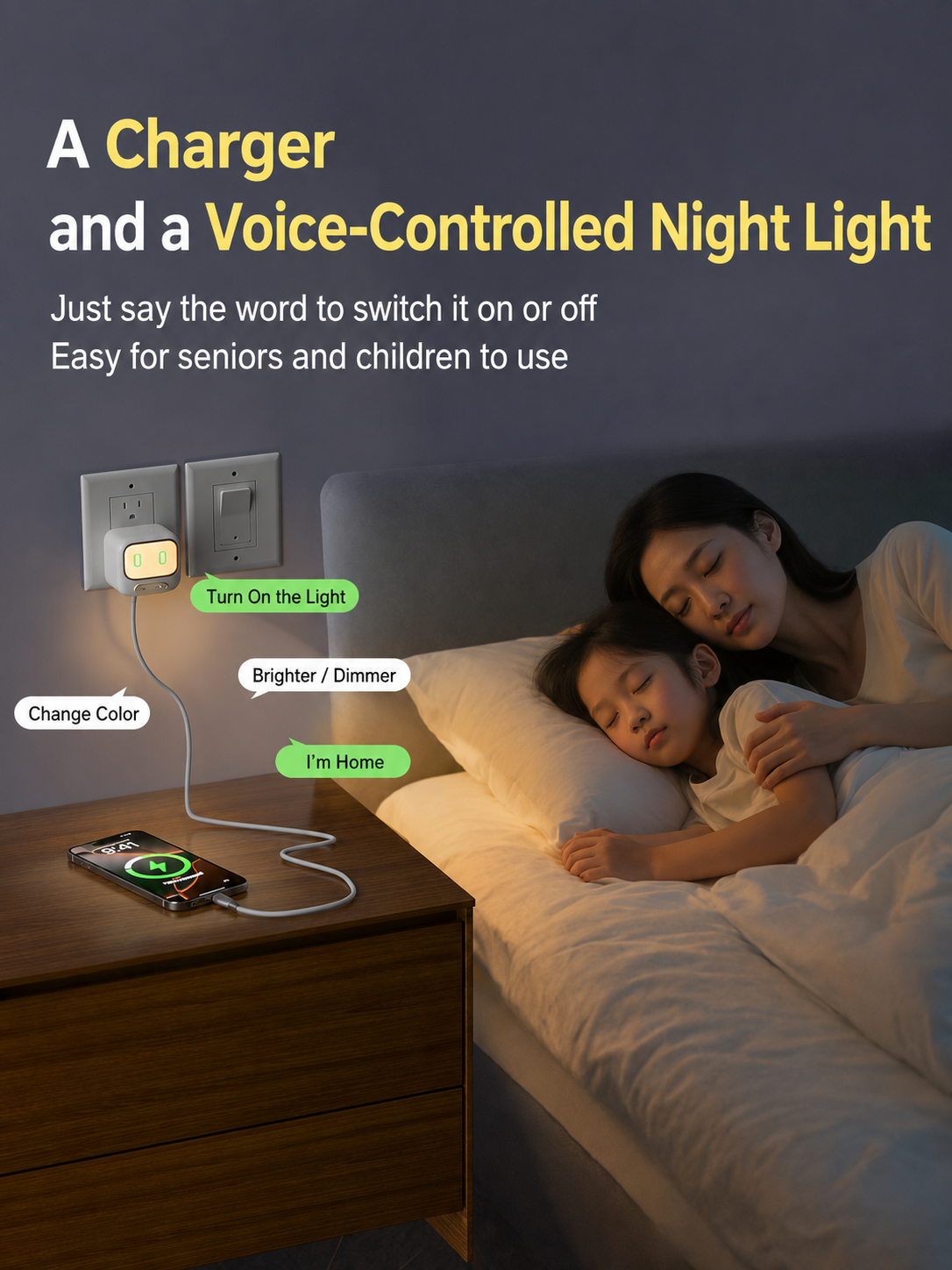 Meenova AI Voice Control Night Light Charger - 45W GaN Fast Charger with Smart Touch Control, USB-C PD Charging & Compact Travel Design