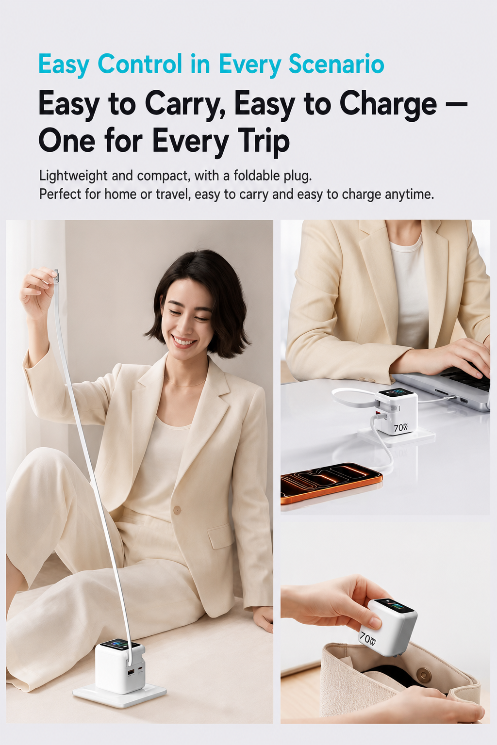 Meenova 70W GaN AI Smart Display Charger with Built-in Retractable USB-C Cable, Dual Ports Fast Charging Adapter for Phone, Tablet & Laptop