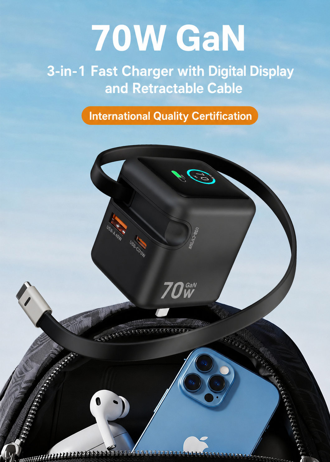 Meenova 70W GaN AI Smart Display Charger with Built-in Retractable USB-C Cable, Dual Ports Fast Charging Adapter for Phone, Tablet & Laptop