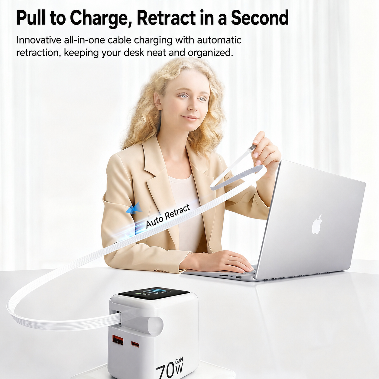 Meenova 70W GaN AI Smart Display Charger with Built-in Retractable USB-C Cable, Dual Ports Fast Charging Adapter for Phone, Tablet & Laptop