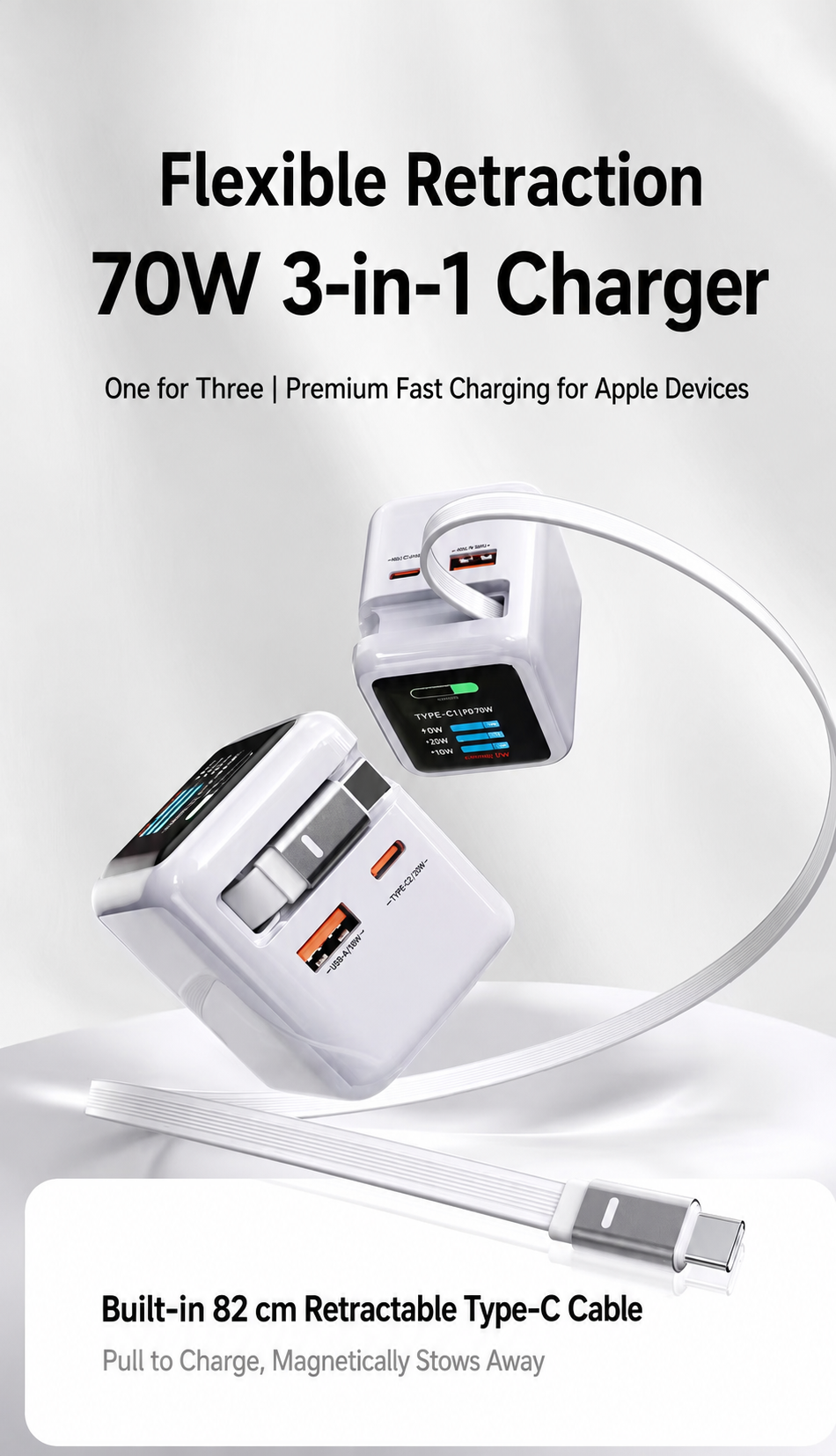 Meenova 70W GaN AI Smart Display Charger with Built-in Retractable USB-C Cable, Dual Ports Fast Charging Adapter for Phone, Tablet & Laptop