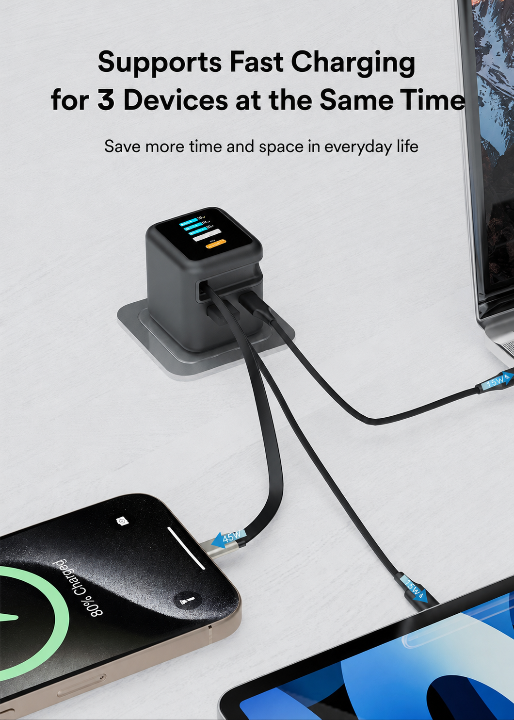 Meenova 70W GaN AI Smart Display Charger with Built-in Retractable USB-C Cable, Dual Ports Fast Charging Adapter for Phone, Tablet & Laptop