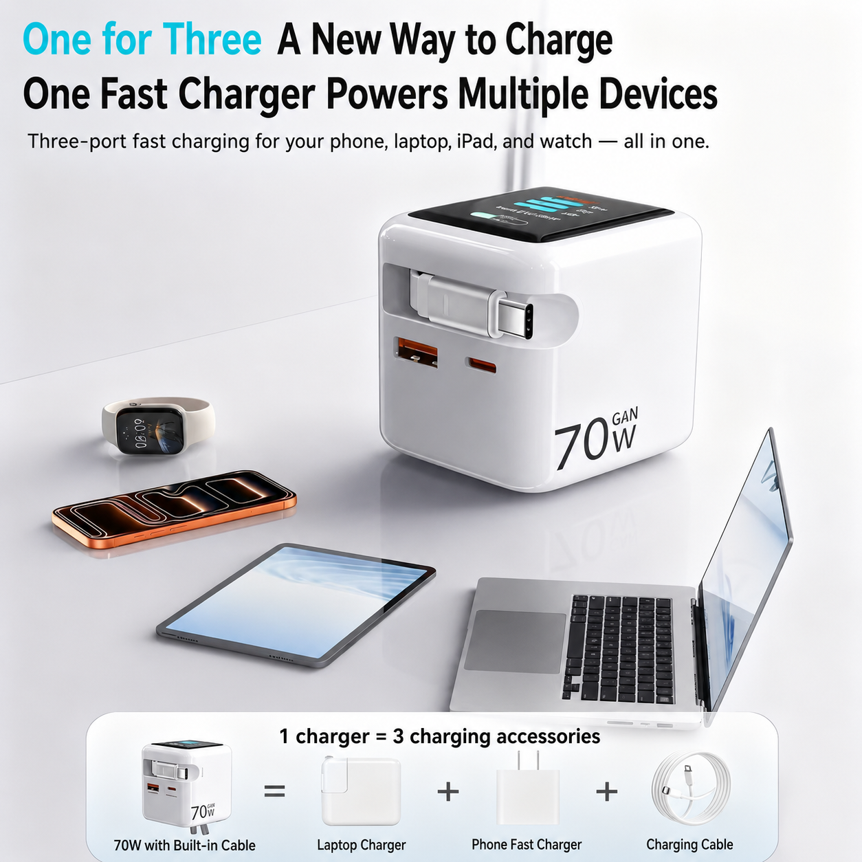 Meenova 70W GaN AI Smart Display Charger with Built-in Retractable USB-C Cable, Dual Ports Fast Charging Adapter for Phone, Tablet & Laptop