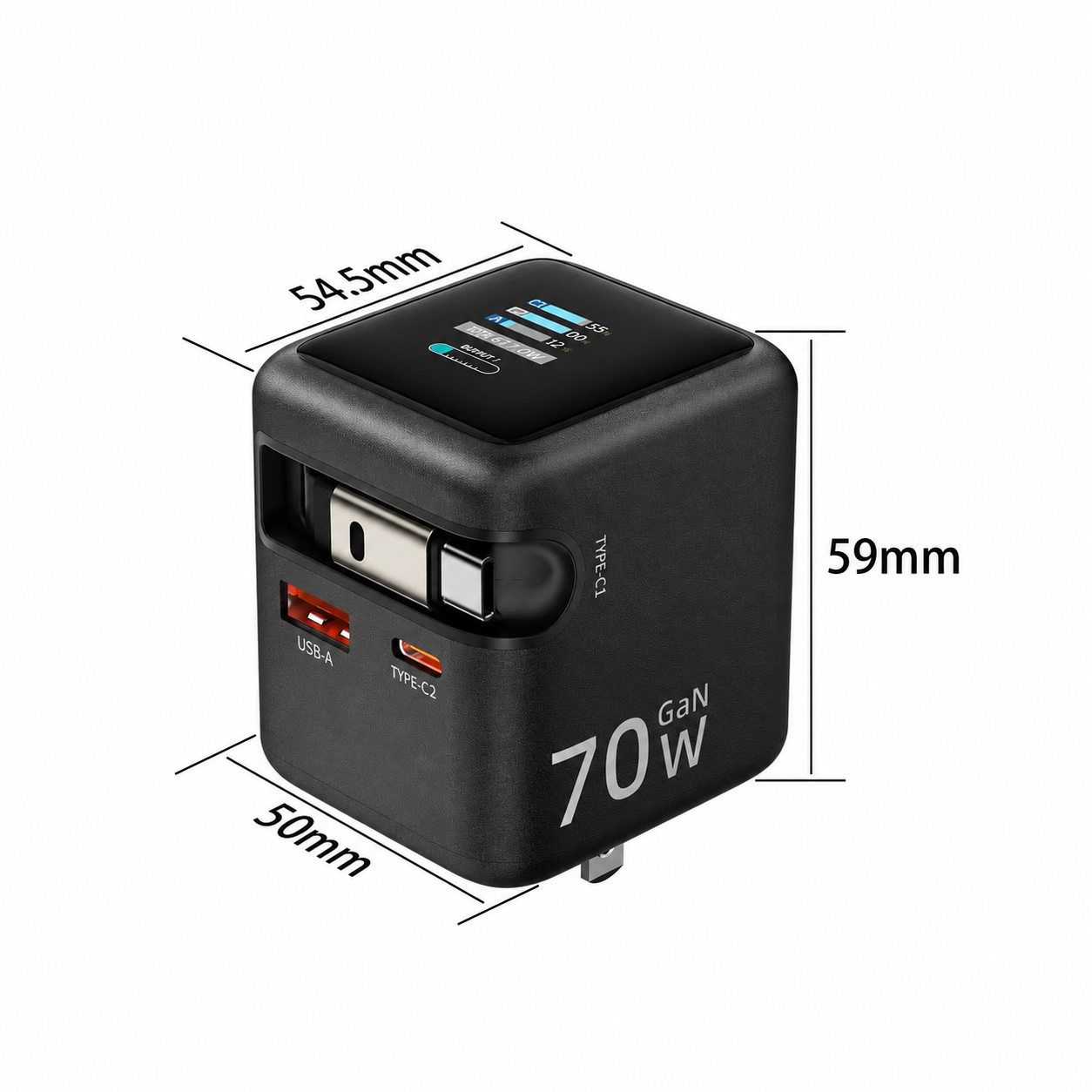 Meenova 70W GaN AI Smart Display Charger with Built-in Retractable USB-C Cable, Dual Ports Fast Charging Adapter for Phone, Tablet & Laptop