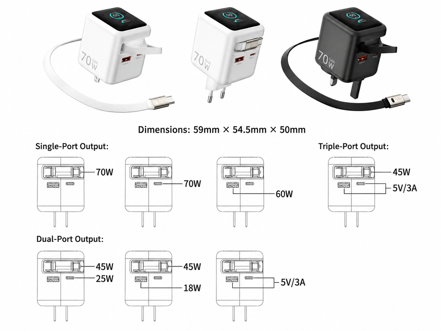 Meenova 70W GaN AI Smart Display Charger with Built-in Retractable USB-C Cable, Dual Ports Fast Charging Adapter for Phone, Tablet & Laptop