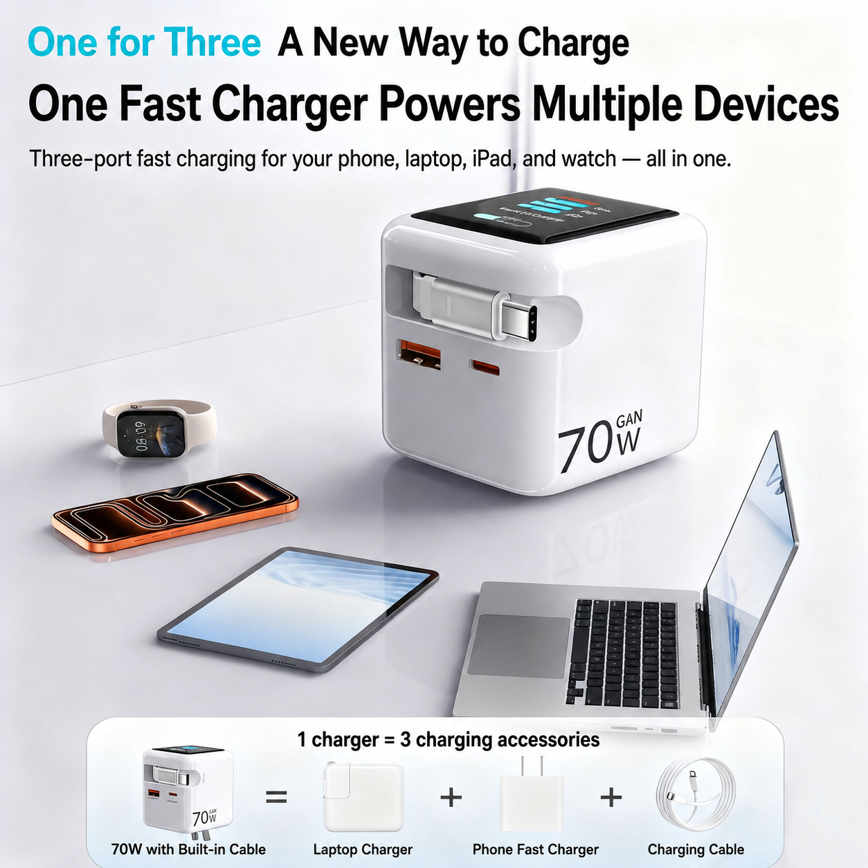 Meenova 70W GaN AI Smart Display Charger with Built-in Retractable USB-C Cable, Dual Ports Fast Charging Adapter for Phone, Tablet & Laptop