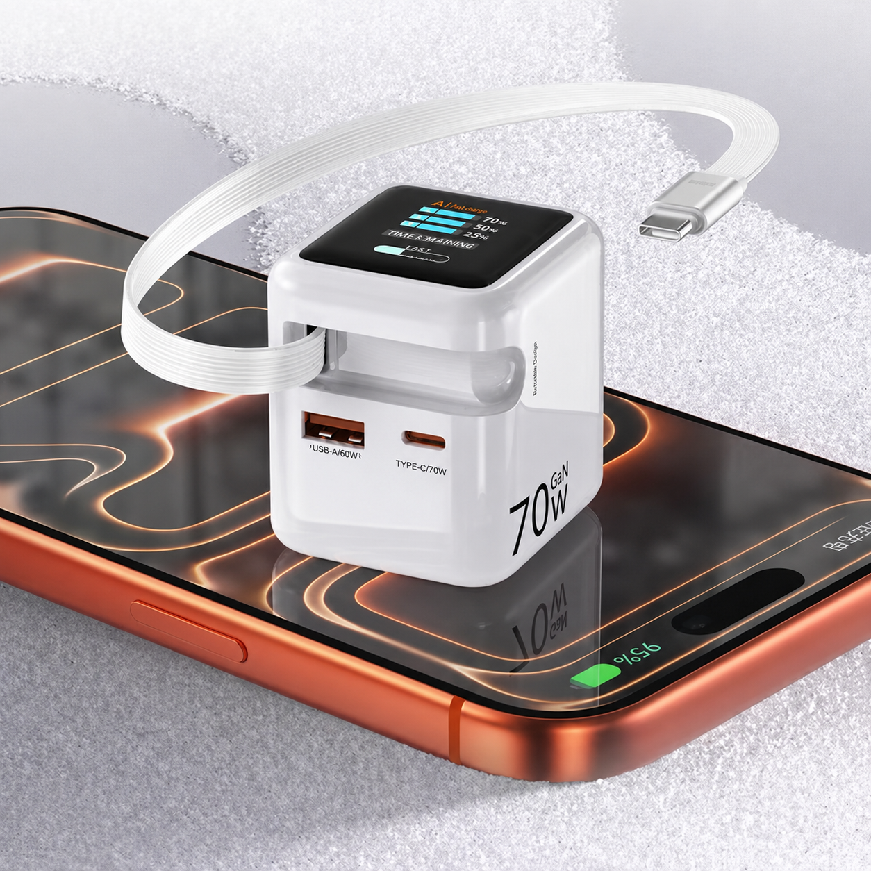 Meenova 70W GaN AI Smart Display Charger with Built-in Retractable USB-C Cable, Dual Ports Fast Charging Adapter for Phone, Tablet & Laptop