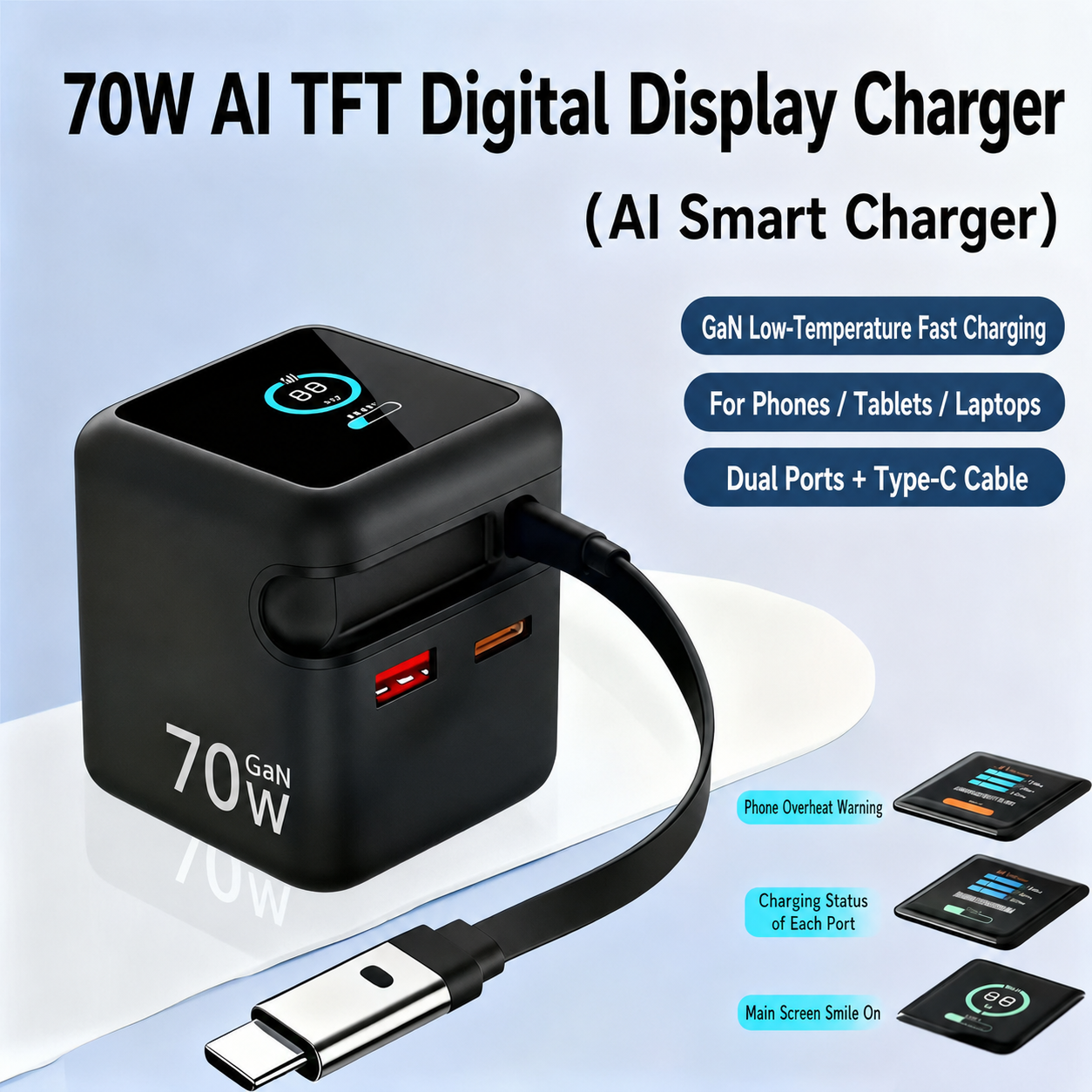 Meenova 70W GaN AI Smart Display Charger with Built-in Retractable USB-C Cable, Dual Ports Fast Charging Adapter for Phone, Tablet & Laptop