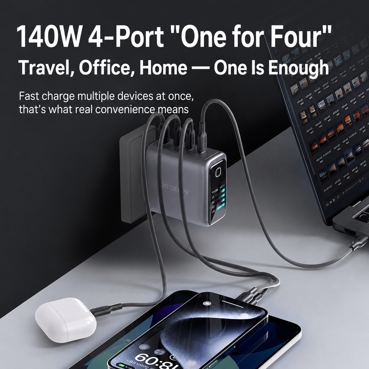 Meenova 140W AI GaN Charger – 4-Port Fast Charger with Smart Power Display & Intelligent Temperature Control