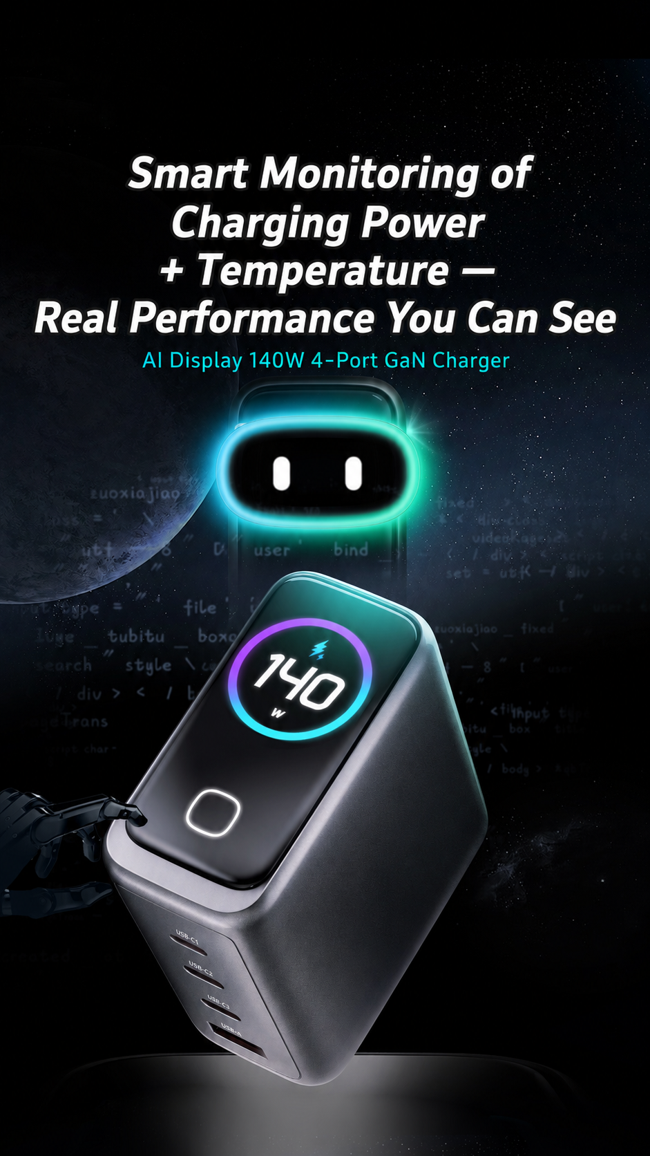 Meenova 140W AI GaN Charger – 4-Port Fast Charger with Smart Power Display & Intelligent Temperature Control