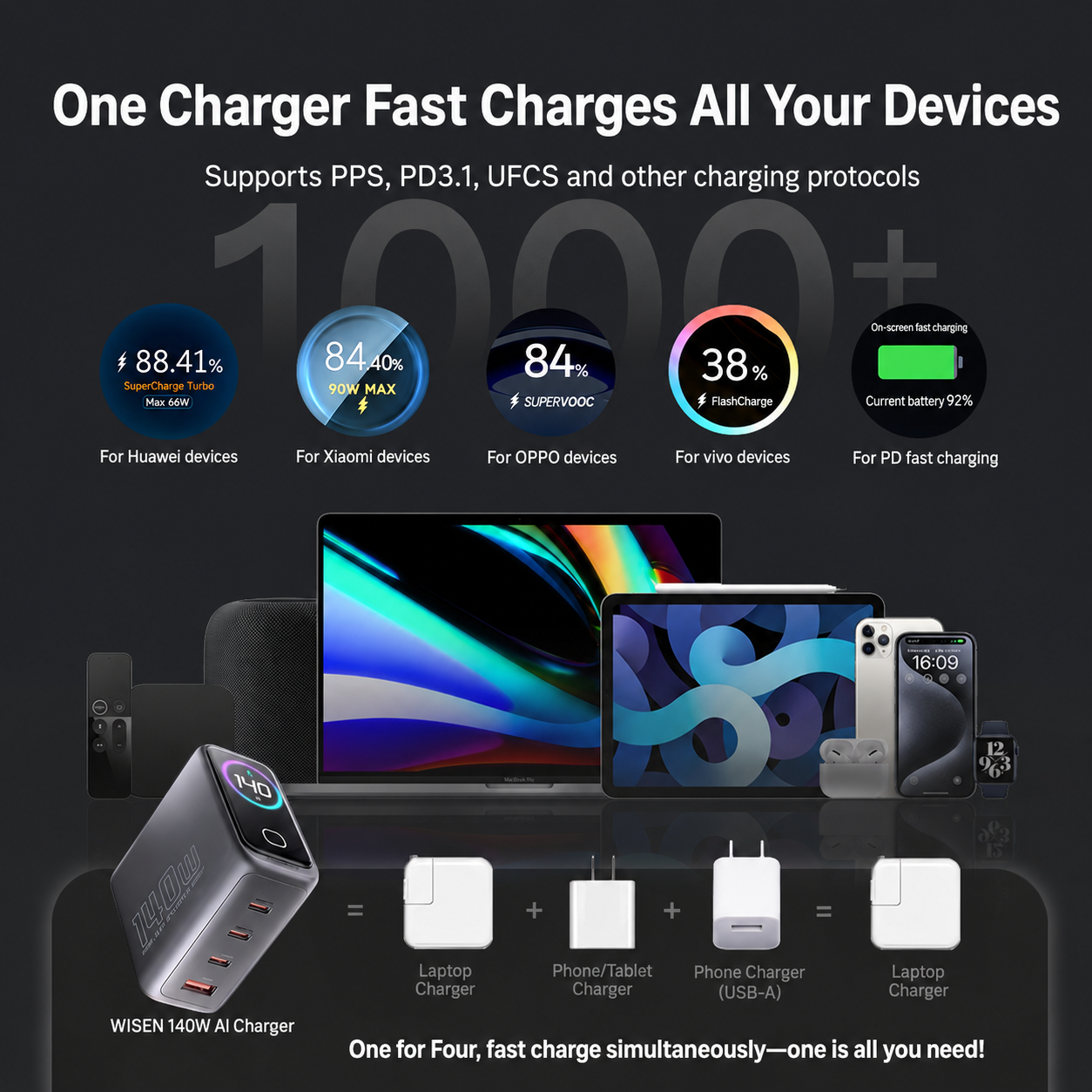 Meenova 140W AI GaN Charger – 4-Port Fast Charger with Smart Power Display & Intelligent Temperature Control