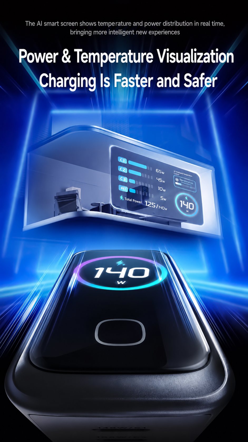 Meenova 140W AI GaN Charger – 4-Port Fast Charger with Smart Power Display & Intelligent Temperature Control