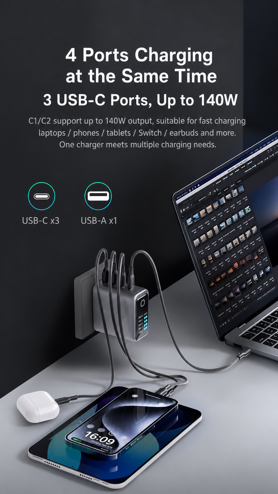 Meenova 140W AI GaN Charger – 4-Port Fast Charger with Smart Power Display & Intelligent Temperature Control