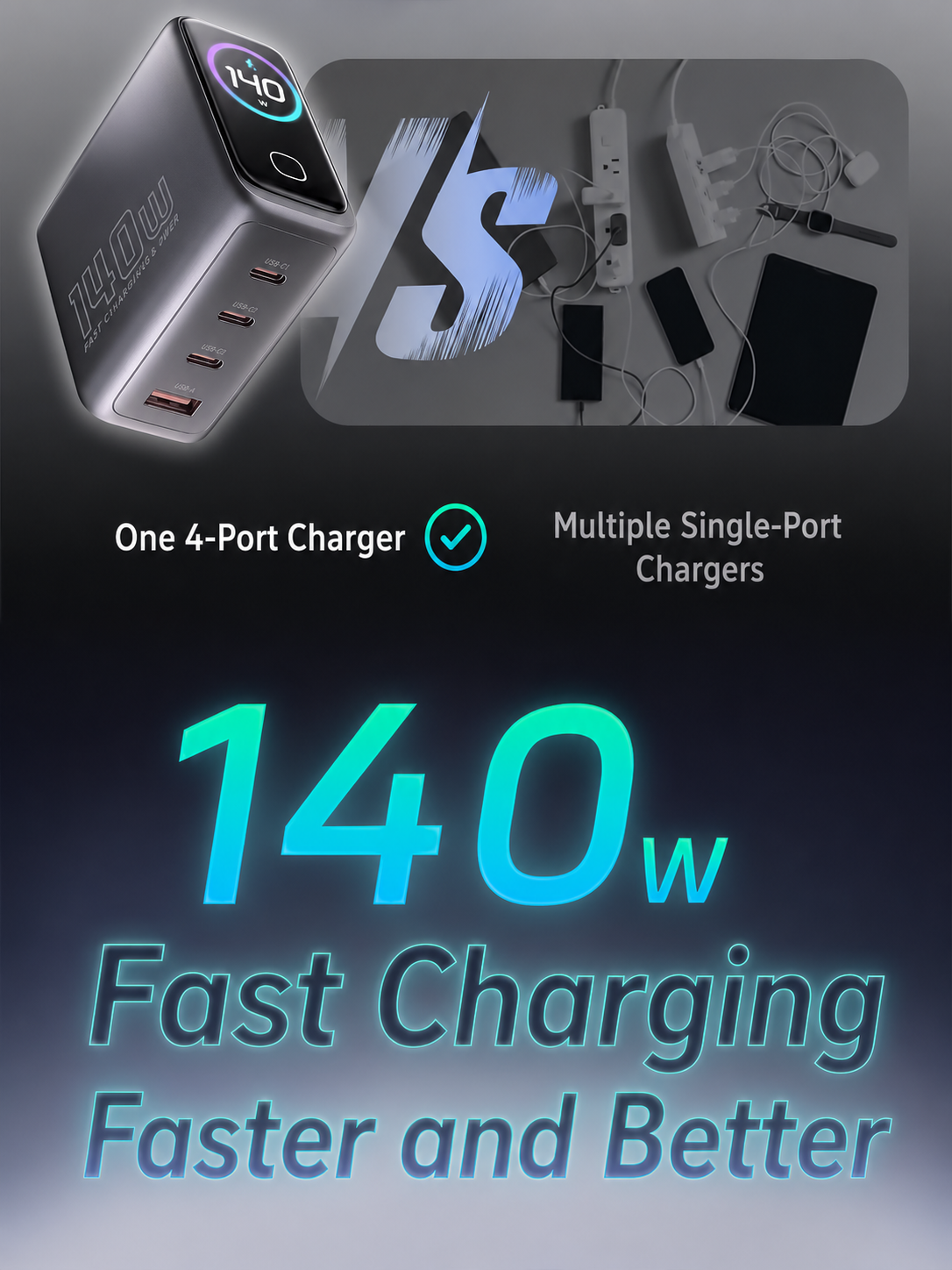 Meenova 140W AI GaN Charger – 4-Port Fast Charger with Smart Power Display & Intelligent Temperature Control