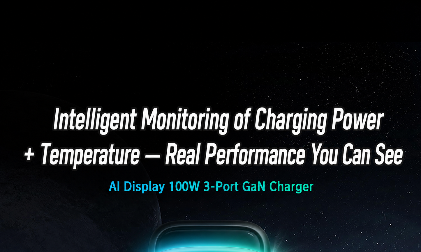 Meenova 100W GaN Charger with Smart Display, 3-Port PD Fast Charger with AI Temperature Control, USB-C x2 & USB-A, Real-Time Power Monitoring for Laptop, Phone & Tablet