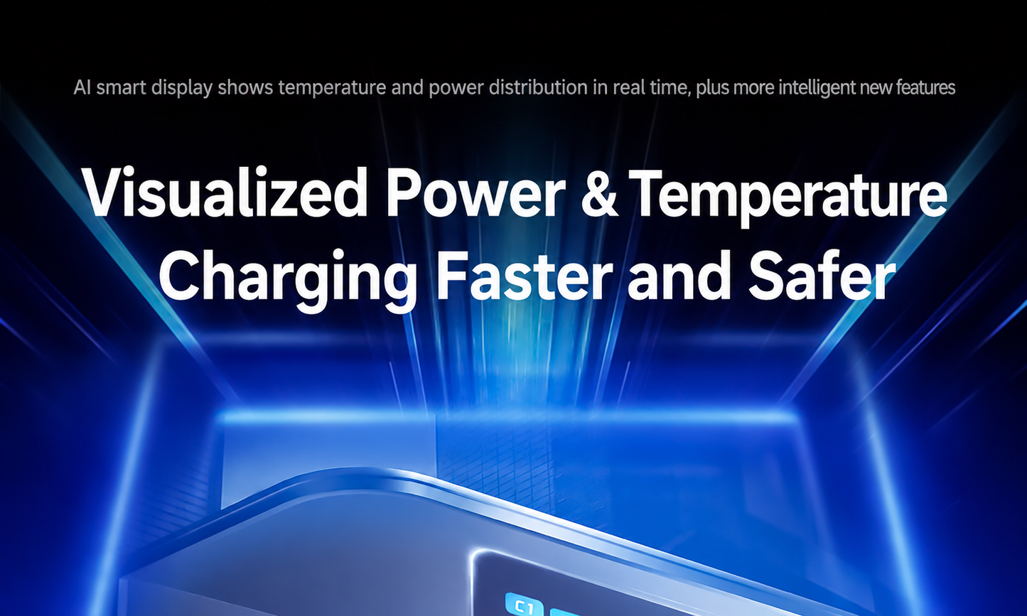 Meenova 100W GaN Charger with Smart Display, 3-Port PD Fast Charger with AI Temperature Control, USB-C x2 & USB-A, Real-Time Power Monitoring for Laptop, Phone & Tablet