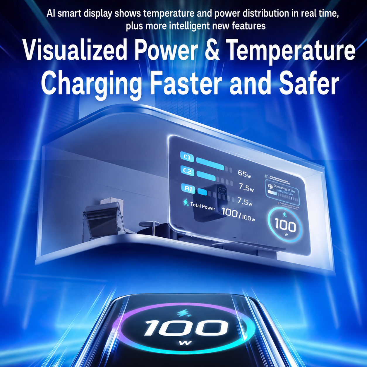 Meenova 100W GaN Charger with Smart Display, 3-Port PD Fast Charger with AI Temperature Control, USB-C x2 & USB-A, Real-Time Power Monitoring for Laptop, Phone & Tablet